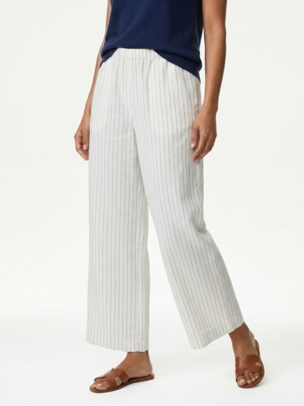 A New Day Wide-Leg Striped Linen Blend Pants — White with Thin Dark Stripe